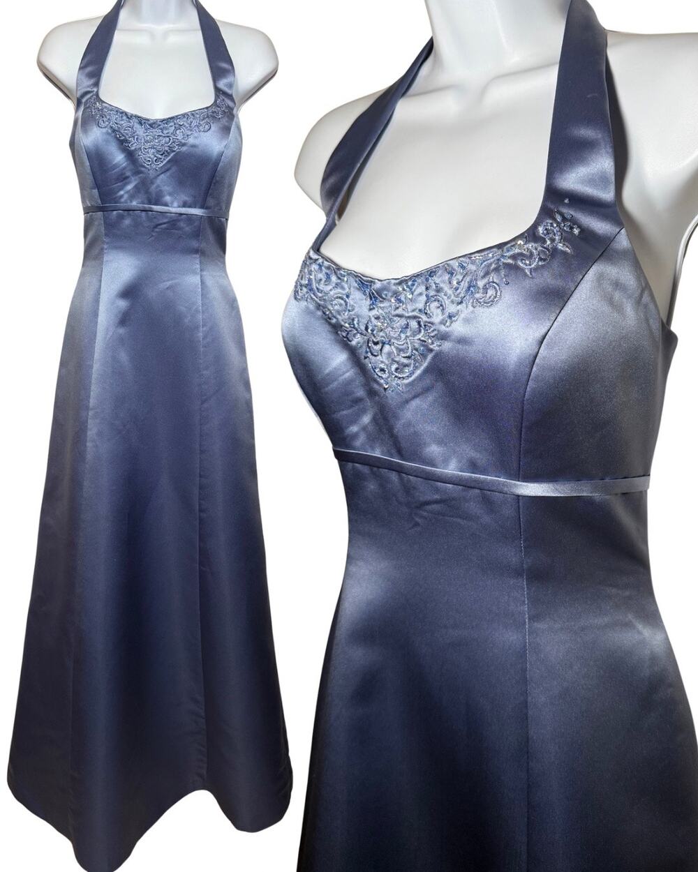 Vintage Prom Dress Maxi Gown 8 Y2K Floral Beaded Halter Glam Satin Corset 90s